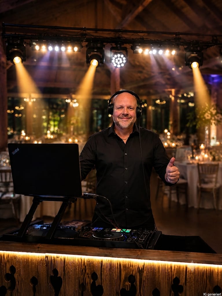 DJ Franz Braband, DJ Prince de Braband, an seinem DJ-Pult vor einem Einsatz in Kaiserslautern